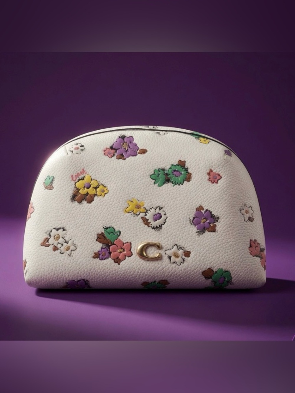 Coach Cream Floral Leather Cosmetic Case with Gold Hardware